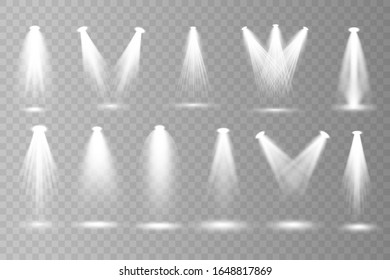 Scene illumination collection. Big set Bright lighting with spotlights.Vector Illustration. 