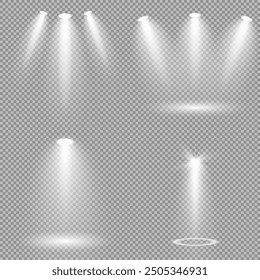 Scene illumination collection. Big set Bright lighting with spotlights. Spot lighting of the stage.