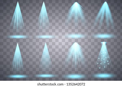 Scene illumination collection. Bright lighting with spotlights. Spot lighting of the stage.