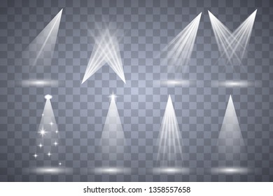 Scene illumination collection. Bright lighting with spotlights. Spot lighting of the stage,