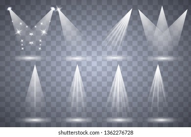 Scene illumination collection. Bright lighting with spotlights. Spot lighting of the stage,