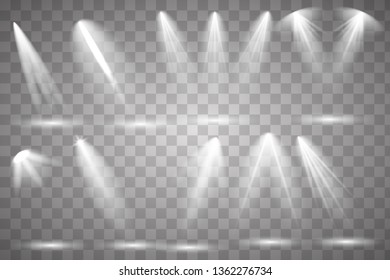 Scene illumination collection. Bright lighting with spotlights. Spot lighting of the stage,