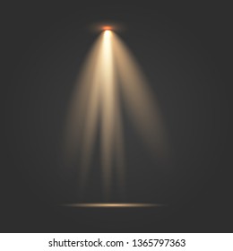 Scene illumination collection. Bright lighting with yellow spotlights. The gold spotlight shines on the stage. Scene. Vector illustration.