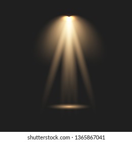 Scene illumination collection. Bright lighting with yellow spotlights. The gold spotlight shines on the stage. Scene. Vector illustration.