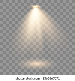Scene illumination collection. Bright lighting with yellow spotlights. The gold spotlight shines on the stage. Scene. Vector illustration.