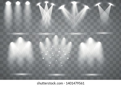 Scene illumination collection. Bright lighting with spotlights. Spot lighting of the stage. Vector illustration EPS10.