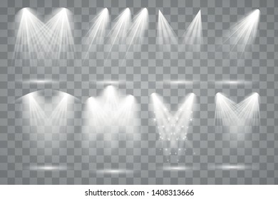 Scene illumination collection. Bright lighting with spotlights. Spot lighting of the stage. Vector illustration EPS10.