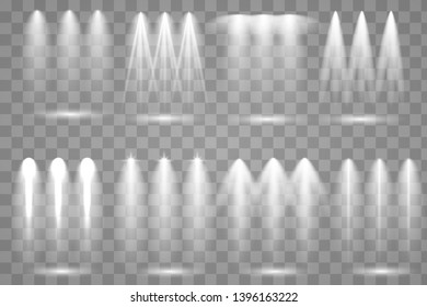 Scene illumination collection. Bright white light beam.  Transparent effects