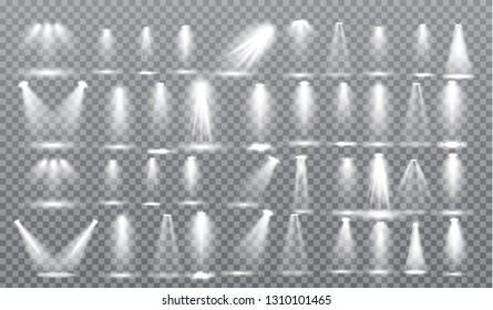 Scene illumination collection, Glowing  transparent Studio light effects. Bright lighting with spotlights. Vector Illustration