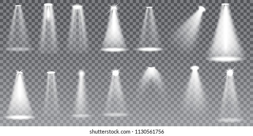 Scene illumination  collection, special light effects isolated on transparent background. Bright lighting with spotlights. Vector Illustration