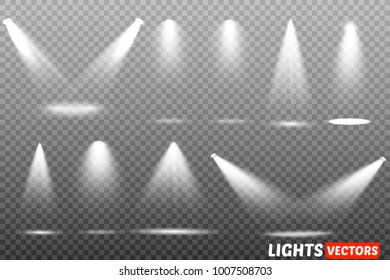 Scene illumination collection, transparent effects. Bright lighting with spotlights.