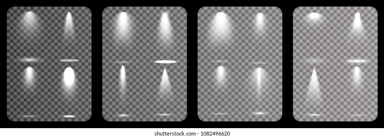 Scene illumination collection, transparent effects. Bright lighting with spotlights.