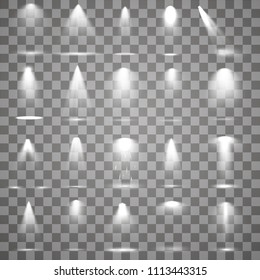 Scene illumination collection, transparent effects. Bright lighting with spotlights.