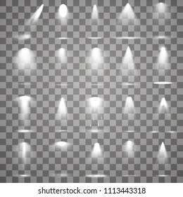 Scene illumination collection, transparent effects. Bright lighting with spotlights.