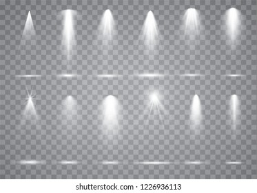 Scene illumination collection, transparent effects. Bright lighting with spotlights.