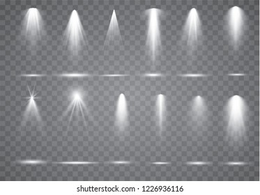 Scene illumination collection, transparent effects. Bright lighting with spotlights.