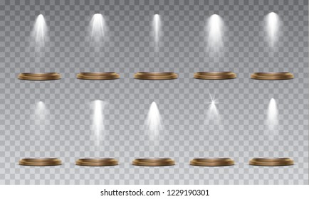 Scene illumination collection, transparent effects. Bright lighting with spotlights.