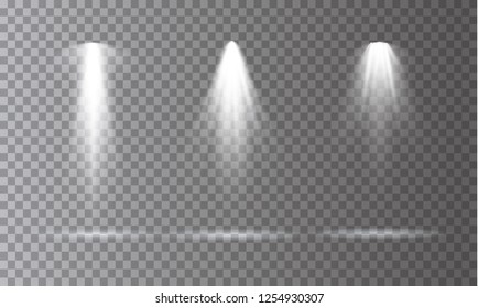 Scene illumination collection, transparent effects. Bright lighting with spotlights.