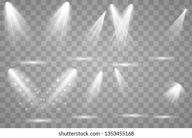 Scene illumination collection, transparent effects. Bright lighting with spotlights.