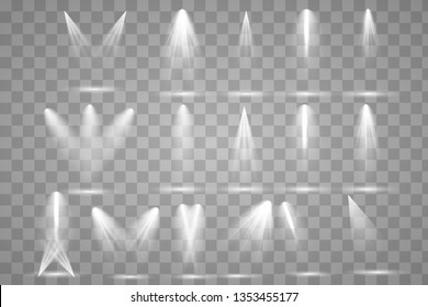 Scene illumination collection, transparent effects. Bright lighting with spotlights.