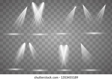 Scene illumination collection, transparent effects. Bright lighting with spotlights.