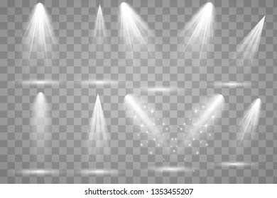 Scene illumination collection, transparent effects. Bright lighting with spotlights.