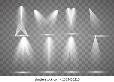 Scene illumination collection, transparent effects. Bright lighting with spotlights.