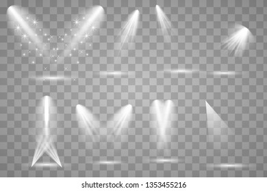Scene illumination collection, transparent effects. Bright lighting with spotlights.