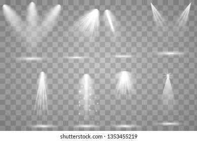 Scene illumination collection, transparent effects. Bright lighting with spotlights.