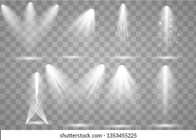 Scene illumination collection, transparent effects. Bright lighting with spotlights.