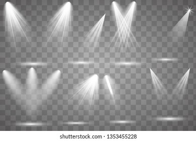 Scene illumination collection, transparent effects. Bright lighting with spotlights.