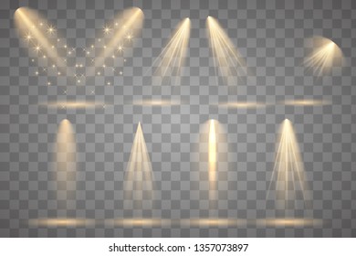 Scene illumination collection, transparent effects. Bright lighting with spotlights.
