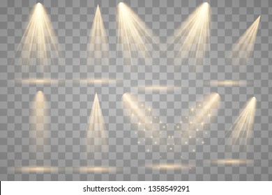 Scene illumination collection, transparent effects. Bright lighting with spotlights.
