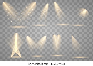 Scene illumination collection, transparent effects. Bright lighting with spotlights.
