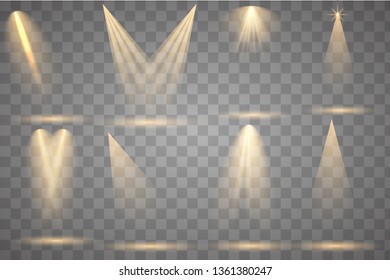 Scene illumination collection, transparent effects. Bright lighting with spotlights.