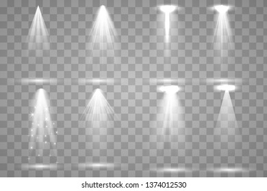 Scene illumination collection, transparent effects. Bright lighting with spotlights. Vector illustration eps 10.