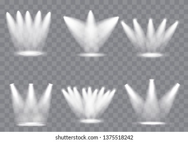 Scene illumination collection, transparent effects. Bright lighting with spotlights.