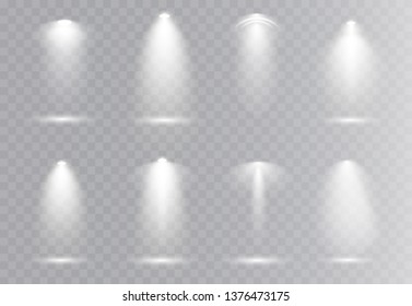 Scene illumination collection, transparent effects. Bright lighting with spotlights.