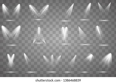 Scene illumination collection, transparent effects.  Concert spotlight with beam, illuminated spotlights for web design illustration.