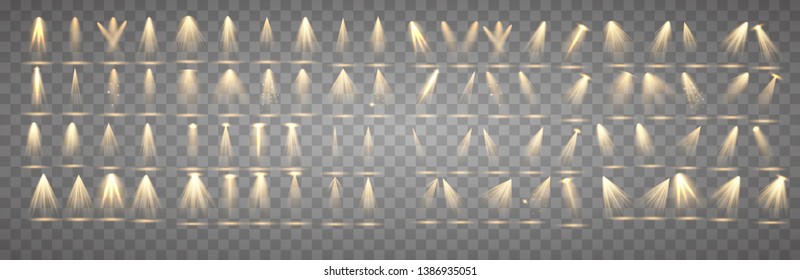 
Scene illumination collection, transparent effects. Bright lighting with spotlights. illuminated spotlights for web design illustration.