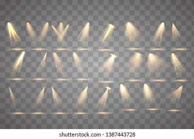 Scene illumination collection, transparent effects. Bright lighting with spotlights.