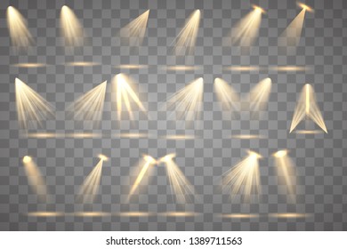 Scene illumination collection, transparent effects. Bright lighting with spotlights.