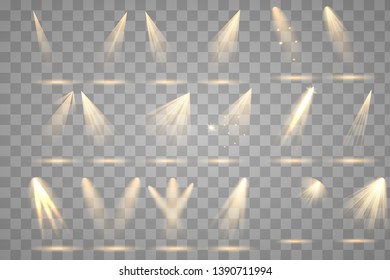 Scene illumination collection, transparent effects. Bright lighting with spotlights.