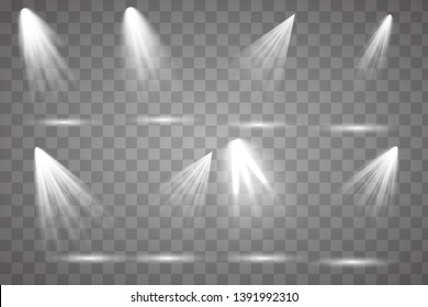 Scene illumination collection, transparent effects. vector light sources, concert lighting, stage spotlights set. Concert spotlight with beam, illuminated spotlights for web design illustration.