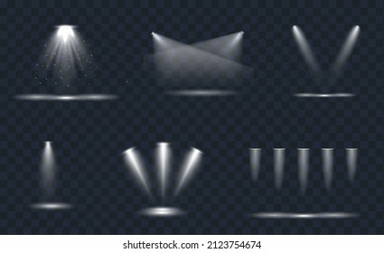 Scene illumination collection, transparent effects. Bright lighting with spotlights. Big collection scene illumination on transparent background. stage illuminated spotlight. Vector illustration.