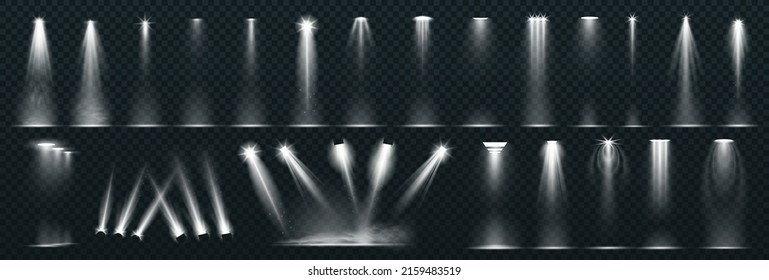 Scene illumination collection, transparent effects. Bright lighting with spotlights.
