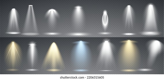 Scene illumination collection, transparent effects. Bright lighting with spotlights.
