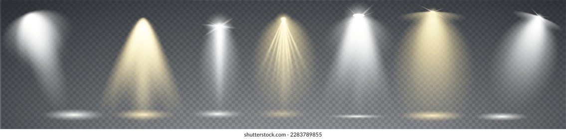 Scene-Beleuchtungskollektion, transparente Effekte. Helle Beleuchtung mit Scheinwerfern.