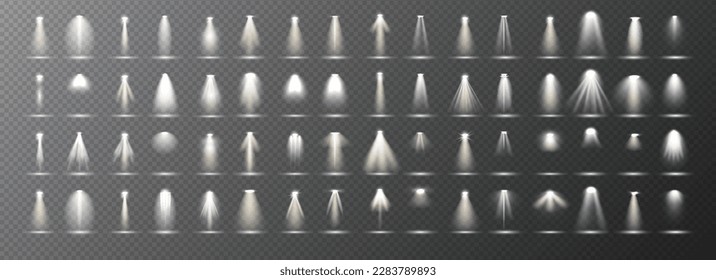 Scene illumination collection, transparent effects. Bright lighting with spotlights.