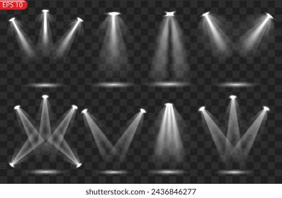 Colección de iluminación de escenas, efectos transparentes. Iluminación brillante con focos.